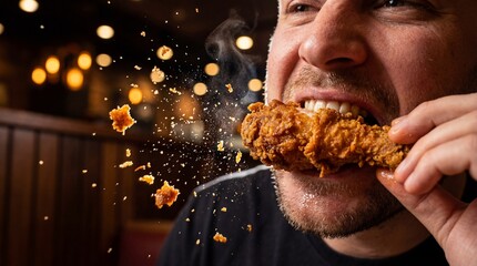 Hungry man biting hot crispy chicken with flying crumbs showing flavor explosion.