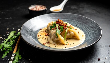 Close-up of a plate with dumplings in sauce. Garnished with herbs and crunchy topping, alongside chopsticks and dipping sauces
