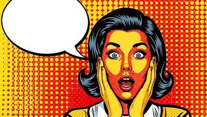 Vibrant pop art woman with shocked expression and speech bubble