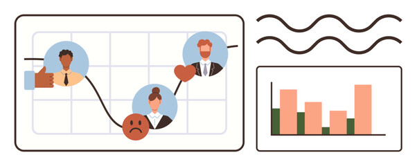 Graph displaying emotional feedback and business performance, with team members linked to sentiment points. Ideal for analytics, team dynamics, business trends, emotion metrics, workplace connection