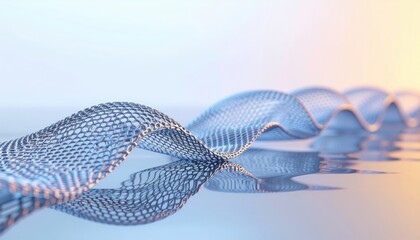 Abstract blue metallic wave pattern reflecting on water surface with soft bokeh background