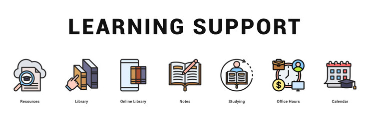 Learning Support Modern and clean web banner illustration featuring thematic icons for visual communication