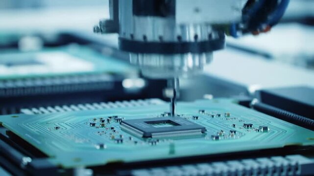 Precision electronics assembly machine places a component on a circuit board, close-up