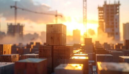 Close-up of wooden cubes with a city skyline under construction at sunset, cranes visible. The scene is bathed in golden light