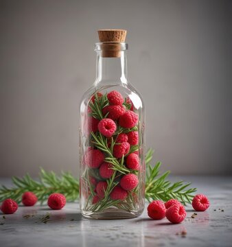 Fresh raspberry and rosemary infused in a clear glass bottle with botanicals ,  apothecary,  tonic gin