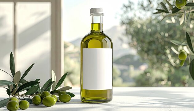 Olive oil bottle with blank label, olives, and olive branch - Powered by Adobe