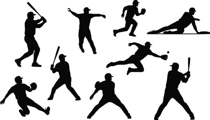 Baseball Player Silhouettes Collection, Dynamic Action Poses Vector Set, Hitter Pitcher Fielder Sports Graphic Elements, Game Activities Isolated on White Background.