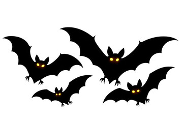 Naklejka premium Halloween bats flying with glowing orange eyes, dark silhouettes on a transparent background, spooky season concept