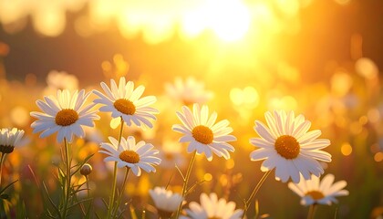 Close-up of daisies in a sunlit field, with blurred background and a warm, golden glow from the setting sun