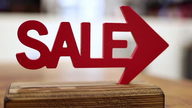 Red "SALE" sign with arrow on wood table with blurred background, promoting discounts