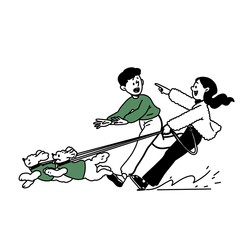 Boy and girl run with the dog On white background.