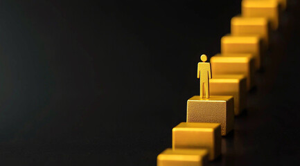 Golden human figure climbing steps symbolizing business success career growth future