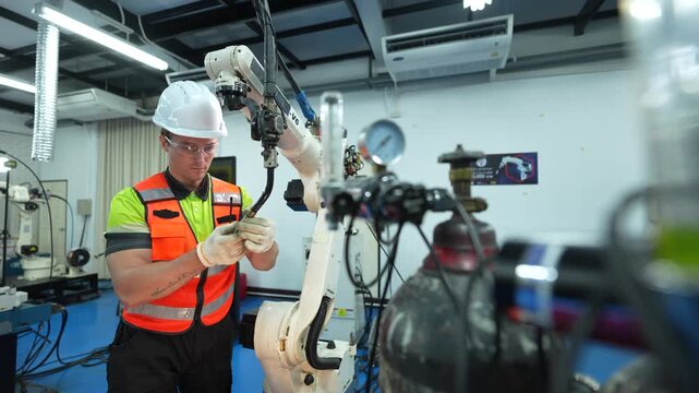 Low angle view of engineer optimizing industrial automation. Male technician using laptop to calibrate white robotic arm for future smart manufacturing efficiency and high precision.