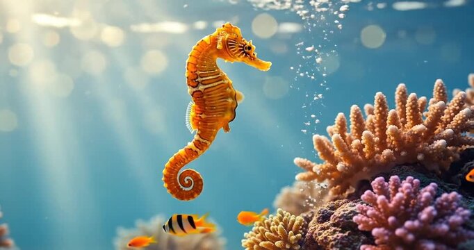 A vibrant underwater scene featuring a seahorse swimming amidst colorful coral reefs and fish