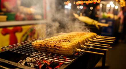 Grilled Corn on Charcoal Grill at Night Street Food Market