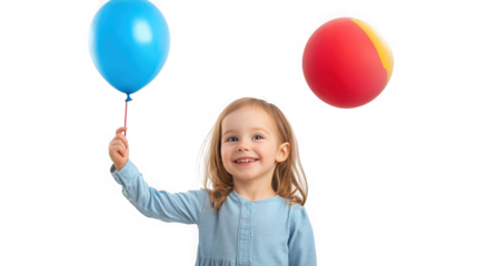 Joyful toddler girl smiling happily while holding a bright blue balloon during a celebration