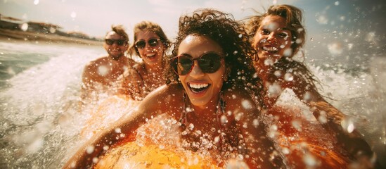 Laughing Young Friends Riding Orange Raft Through Ocean Waves