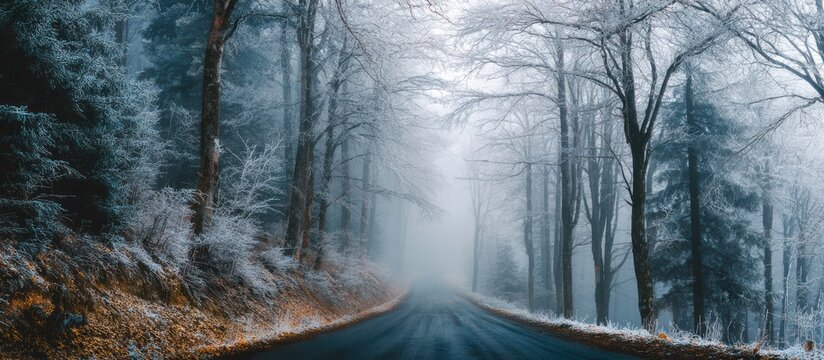 Misty Road Through Snowy Forest with Frosty Trees in Winter - Powered by Adobe