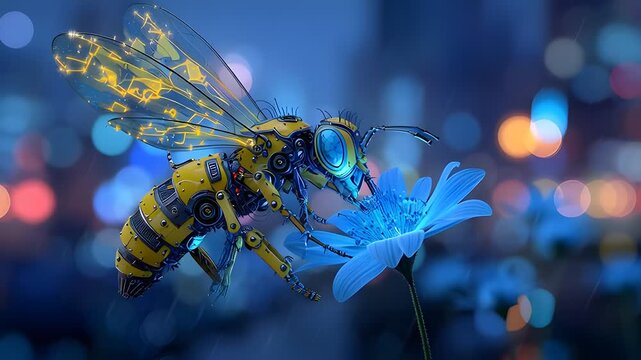 Futuristic robotic bee pollinating a vibrant blue flower at night