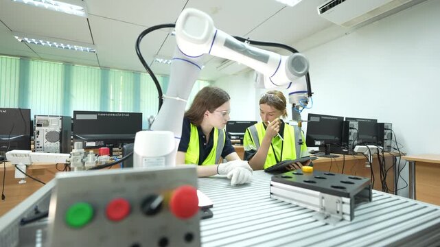 Focused female engineer wearing safety glasses and a high-visibility vest working with a collaborative robotic arm in a modern industrial laboratory environment for advanced automation projects.