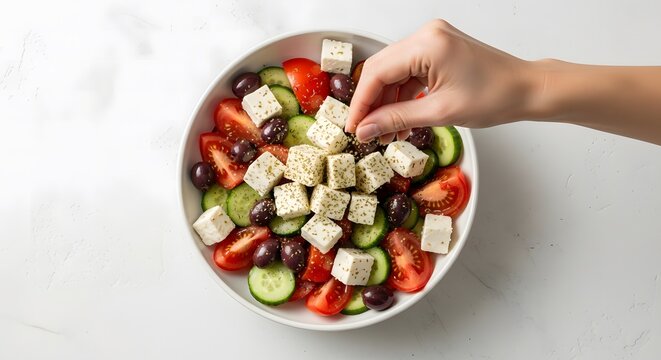 Overhead view of fresh Greek Salad with feta, tomatoes, olives, and cucumber, being seasoned.