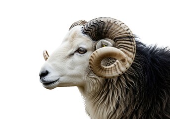 White Head Ram with Black Wool and Large Curved Horns. Generative Ai
