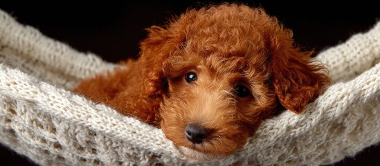 Cute Brown Puppy Resting on Knitted Blanket on Black Background