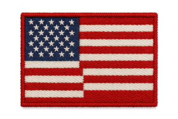 Embroidered american flag patch showing red stripes and white stars on a blue field, symbolizing patriotism and national pride on transparent background