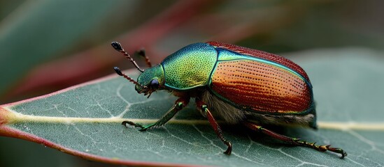 Iridescent Jewel Beetle Resting on Green Leaf Closeup