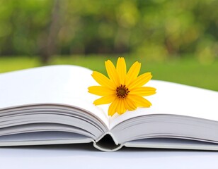 An open book rests on a white surface, a bright yellow flower delicately placed on its pages, with a blurred green backdrop