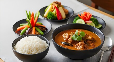 Authentic Thai Red Chicken Curry with Steamed Jasmine Rice and Artfully Plated Vegetable Side Dishes in Modern Black Bowls
