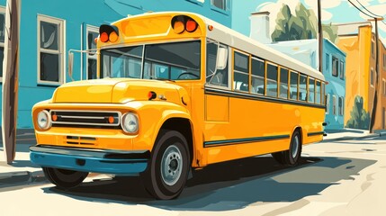 Bright Yellow School Bus Parked on Sunny Street with Colorful Buildings