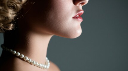 Vintage portrait of 1920s woman wearing classic pearl strand, fashion history representation, timeless luxury styling, soft art deco lighting