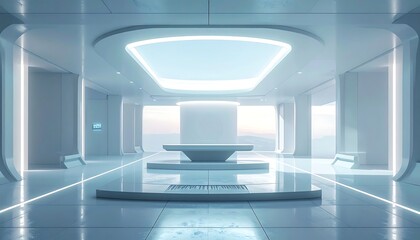 Futuristic, sterile interior with glowing lights, a central platform, and a distant view through windows