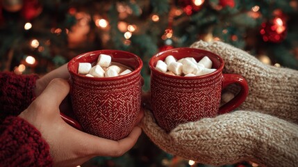 Festive Hands Holding Two Red Mugs with Marshmallows by Christmas Tree