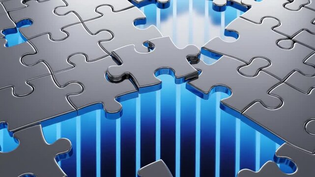Interlocking Metallic Puzzle Pieces Over Glowing Blue Digital Grid, Symbolizing Solution, Strategy, and Technology