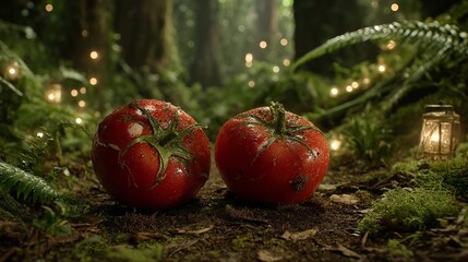 Enchanted Twilight Scene with Glowing Tomatoes in Magical Forest