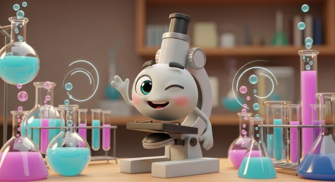 Cute animated cartoon rabbit scientist character exploring colorful laboratory with test tubes and - Powered by Adobe