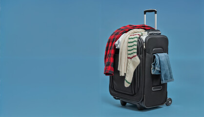 Naklejka premium A hastily packed suitcase. Black rolling suitcase overflowing with packed clothes Red plaid shirt, beige sweater, striped sock, and blue jeans.