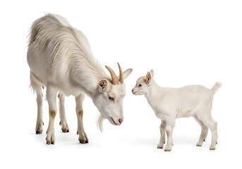 Obraz premium White Goat Mother Looking at Her Kid on White Background. Generative Ai