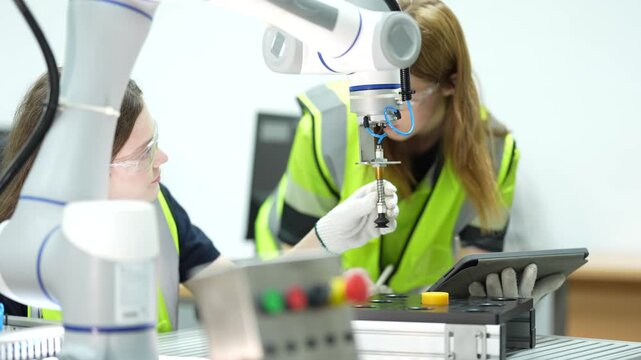 Focused female engineer using AI technology and machine learning to program a collaborative robotic arm in a modern industrial laboratory for advanced automation and smart factory projects.