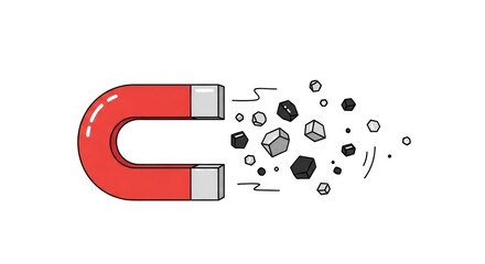 Illustration of a red horseshoe magnet attracting small magnetic metal particles visualized as