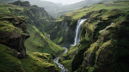 Waterfall Cascading Through Green Canyon, Mossy Rocks, Tranquil Scene