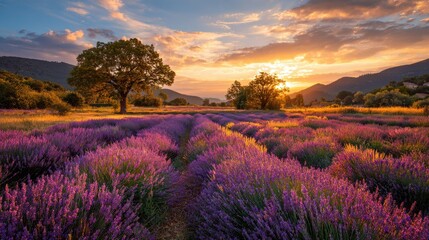 Lavender Field at Sunset with Golden Light and Rolling Hills