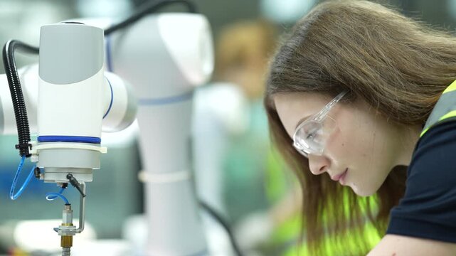 Empowering future female engineers. Diverse students mastering industrial robotics and AI automation with digital tablet in a modern innovation hub leading smart manufacturing careers.