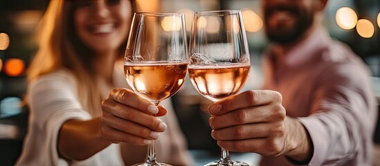Toast with Ros&eacute; Wine Glasses Held by Smiling Couple Indoors