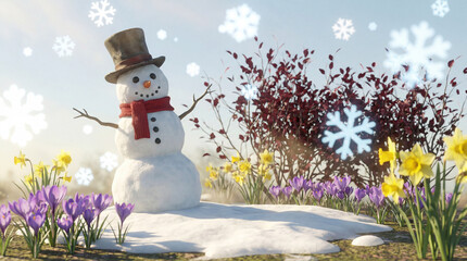 snowman on frozen springlike scene where the snow is melting and spring flowers are blooming
