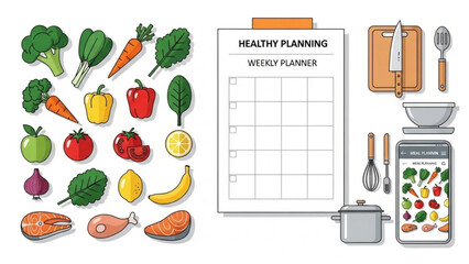 Healthy food icons and weekly planner flat design elements for meal preparation and diet planning isolated on white background