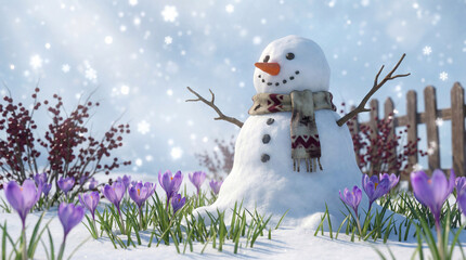 snowman on frozen springlike scene where the snow is melting and spring flowers are blooming