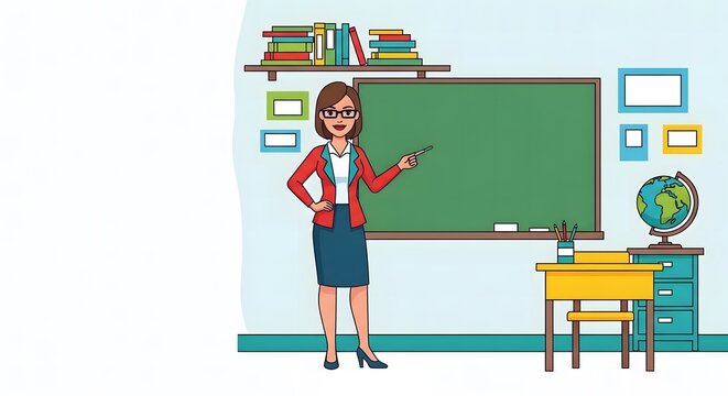 Professional female teacher cartoon standing in classroom pointing at chalkboard.